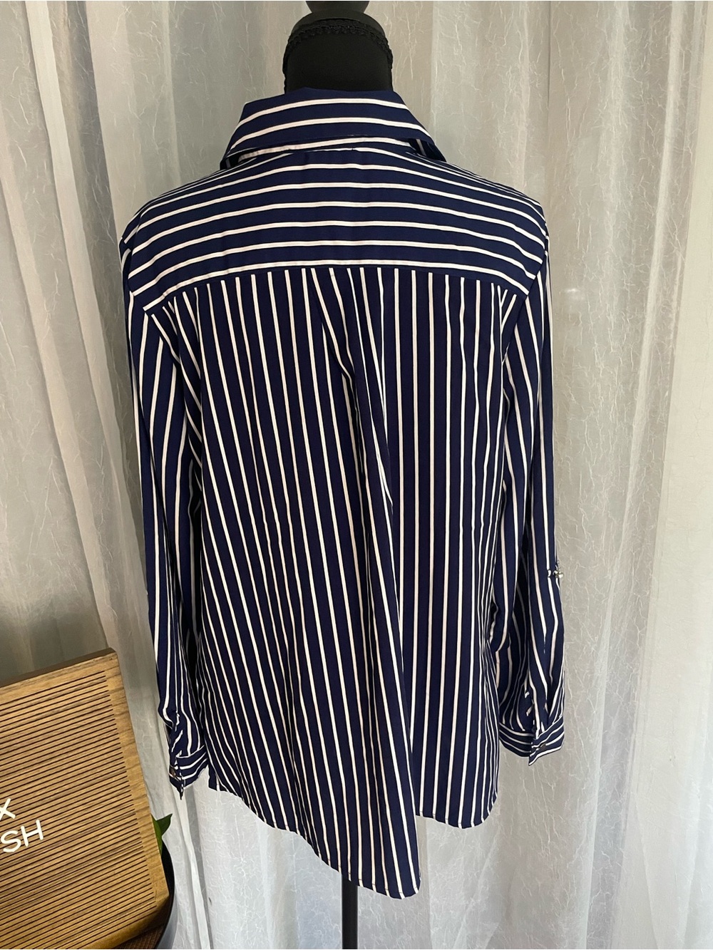 Navy & White Striped women’s Button-Down Shirt - Picture 4 of 4